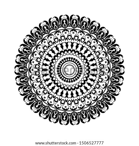 Round black mandala on white isolated background. Decorative ornament in ethnic oriental style. Perfect for any design, birthday, holiday, kaleidoscope, yoga, meditation, mehndi, tattoo, decoration.