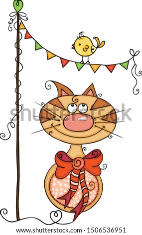 Cute cat and bird with bunting banner party
