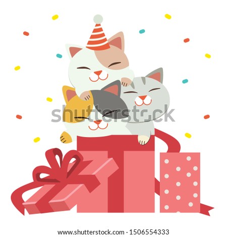 The character of cute cat and friends sitting in the big gift box in flat vector style. Illustration about party   
for background, graphic,content , banner, sticker label and greeting card.