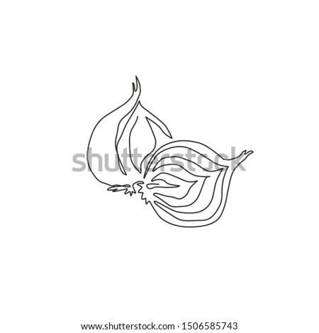 One single line drawing whole and sliced healthy organic bulb onion for farm logo identity. Fresh common onion concept vegetable icon. Modern continuous line draw design vector graphic illustration Royalty-Free Stock Photo #1506585743