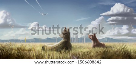 Dogs in grass illustration. Landscape with clouds and green field