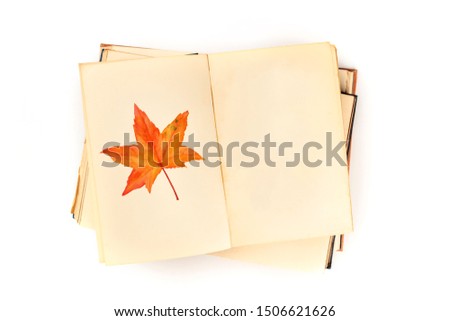 Autumn design template. An open botanical journal with a watercolour drawing of a fall leaf. A book on nature studies mock-up, shot from the top on a white background with a place for text