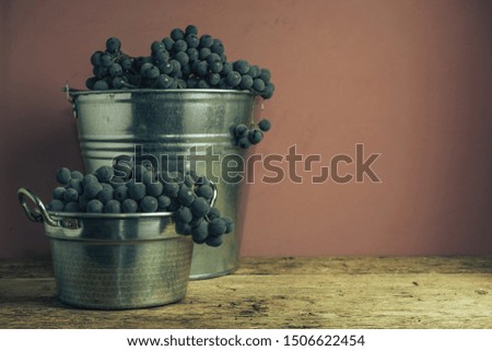 Beautiful wine grapes of silver basket on a old oak wooden table and red wall background.