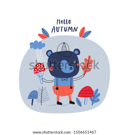 Hello autumn: doodle vector illustration with cute little bear and mushrooms for kids. For autumn greeting cards, t-shirt prints, scrapbook. Fashion baby print in orange, red and blue colors.