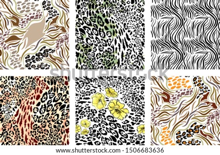 A set of animal safari jungle print seamless pattern tile backgrounds. leopard, zebra, snake skins.