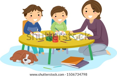 Illustration of Stickman Kids Boys Being Home Schooled Drawing on a Table with Their Mother