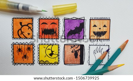 Decorative drawing and painting of Halloween. Hand 	drew artistic watercolor pencils and pen on white background.
