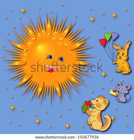 Mouse, Rabbit and Puppy are greeting a smiling Sun. Hand drawing greeting card illustration