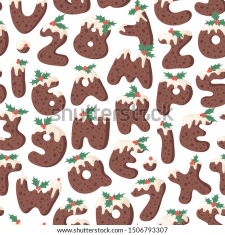 Cartoon vector illustration Christmas Pudding. Hand drawn seamless pattern with font. Actual Creative Holidays bake alphabet