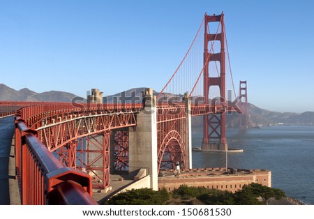 San Francisco California Famous Landmark Golden Gate Bridge, Suspension and Tower, Blue Sky 