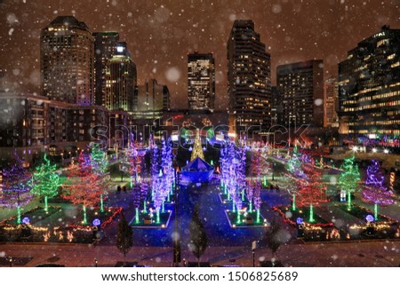 Columbus Commons in this Ohio city is brightly illuminated during the Christmas holiday season.