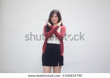 Portrait of thai adult working women size xl white shirt stop