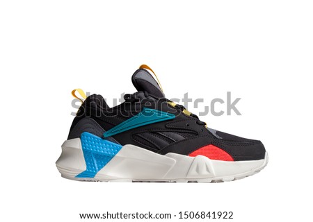 One new vintage black sports sneakers, sneakers or sneakers on a white background with clipping path. Royalty-Free Stock Photo #1506841922