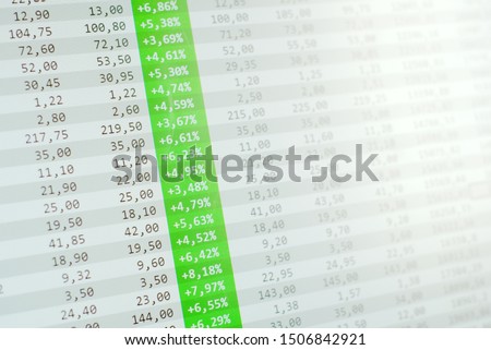 Stock market boom, skyrocketing prices. Green numbers across the board on a screen. Financial gains, profit concept.