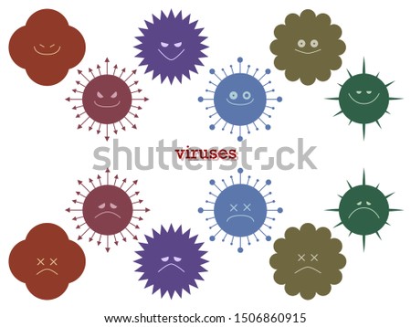 Illustration set of simple and cute colorful bacterium with facial expression