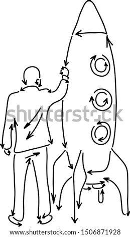 businessman holding big rocket made from arrows vector illustration sketch doodle hand drawn with black lines isolated on white background. Startup business concept.