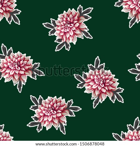 Seamless pattern with dahlia flowers on green background. Vector