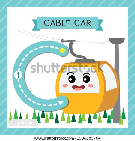 Letter C uppercase cute children colorful transportations ABC alphabet tracing flashcard of Cable Car for kids learning English vocabulary and handwriting Vector Illustration.