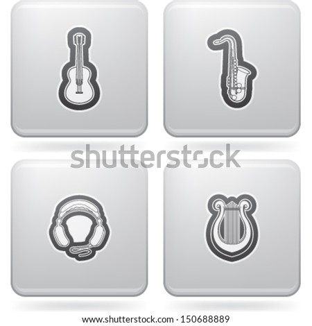 Music and music instruments theme, pictured here from left to right, top to bottom:  Classic Guitar, Saxophone, Headphones, Lyra. 