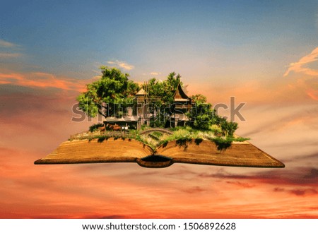 3D illustration Countryside animal farm village with windmill pop up in the book pages floating in the orange color sky