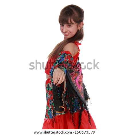Cute young baby girl in a bright dress gypsy on Holiday