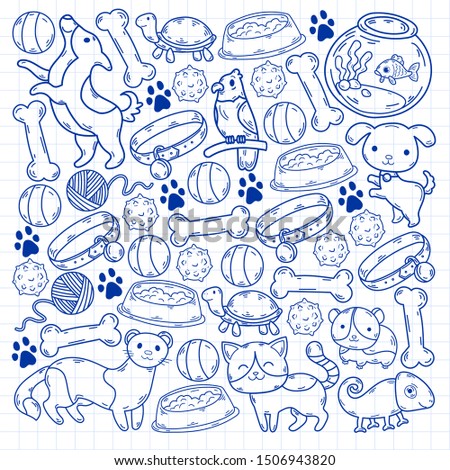 Hand drawn doodle Pets stuff and supply icons set. Vector illustration. Vet symbol collection. Cartoon dogs and cats care elements: kennel, leash, food, paw, bowl, bone and other goods for pet shop