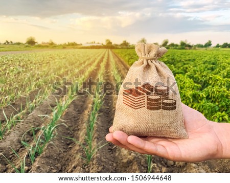 The farmer holds a money bag on the background of plantations. Lending and subsidizing farmers. Grants and support. Profit from agribusiness. Land value and rent. Taxes taxation. Agricultural startups Royalty-Free Stock Photo #1506944648