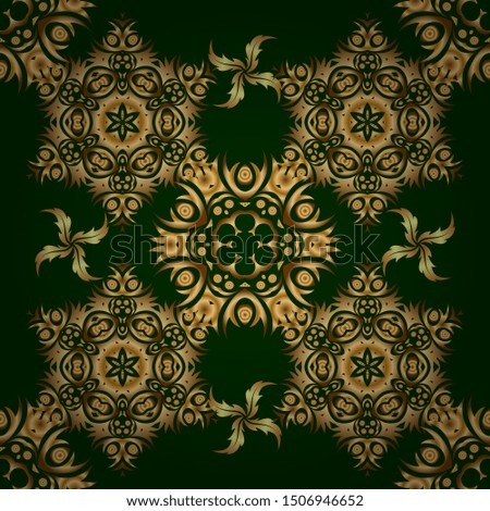 Abstract classic seamless pattern with green and golden elements. Vintage vector ornament.