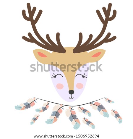 Hand drawn illustration of a cute tribal deer in headband with feathers. Scandinavian style flat design. Concept for children print.