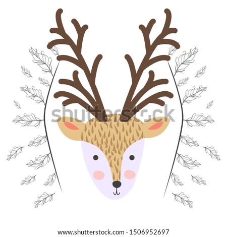 Hand drawn illustration of a cute tribal deer in headband with feathers. Scandinavian style flat design. Concept for children print.