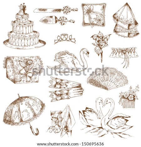 Set of Beautiful Wedding Hand Drawn Elements - in vector