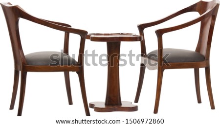 Outdoor wooden dining table with two stools
