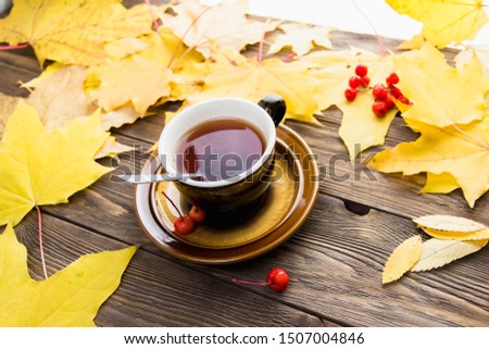 Yellow and orange fallen maple leaves with red tiny apples and ashberry on dark brown wood table background. Fall and autumn concept. Brown cup of tea.