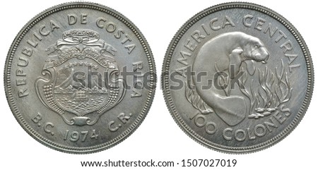 Costa-Rica Costa-Rican coin 100 colones 1974, shield with sailing ship in front of mountains, date below, Manatee among algae, 