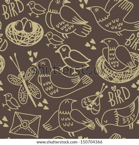 Vector seamless pattern with cute birds, insects, eggs and nests.