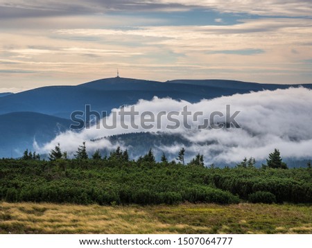 The view of Praděd Hill captured in Jeseniky Mountains during the evening. Hrubý Jeseník. Czech Republic. Royalty-Free Stock Photo #1507064777