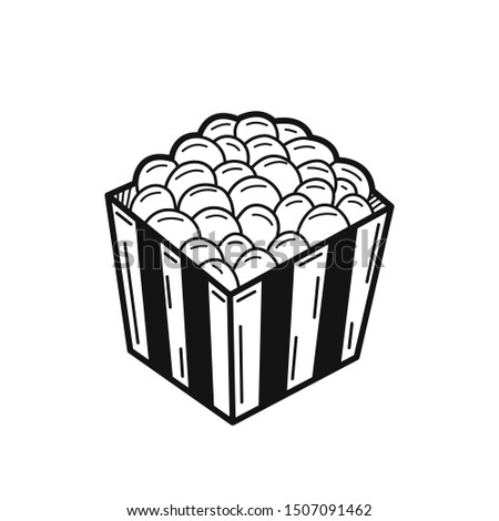 Hand drawn Popcorn in Box isolated on a white. Great for menu, poster or label. Vector illustration.