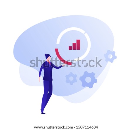 Vector flat business analytics person illustration. Businessman female and chart diagram icon. Concept of marketing research, managment. Design element for banner, poster, card, flyer, web.