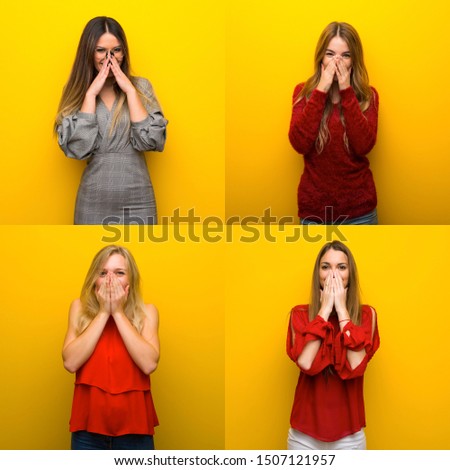 Set of young women smiling a lot while covering mouth