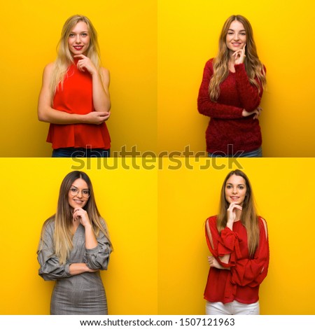 Set of young women smiling and looking to the front with confident face