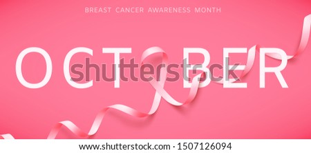 Poster with realistic pink ribbon. Symbol of national breast canser awareness month in october. Vector illustration.