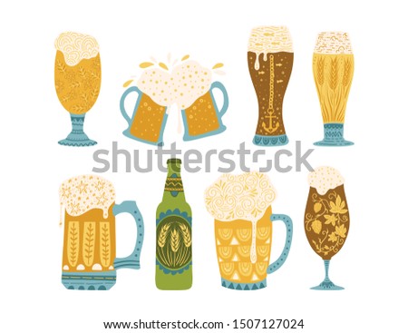 Beer festival vector illustration. Oktoberfest clip art ornate colour collection in a flat style. Beer glasses and bottle.