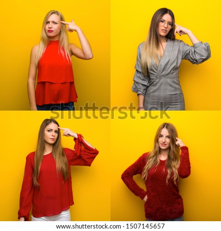 Set of young women making the gesture of madness putting finger on the head