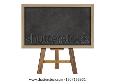 Empty black chalkboard on easel front view isolated on white background. With copy space for text.