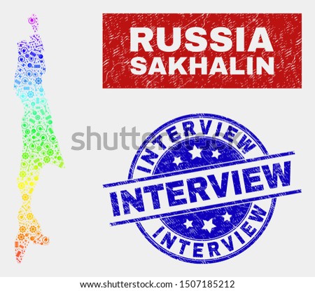 Construction Sakhalin Island map and blue Interview grunge seal stamp. Spectrum gradiented vector Sakhalin Island map mosaic of tools. Blue round Interview stamp.