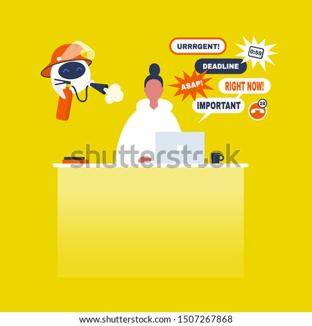 Troubleshooting, conceptual illustration. Cute robot helping to extinguish a fire on  a workplace / flat editable vector illustration, clip art