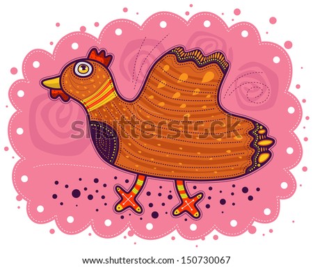 Chicken in a decorative style on a pink background with a raised wing.