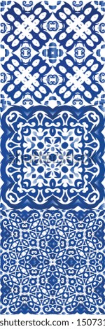 Antique portuguese azulejo ceramic. Collection of vector seamless patterns. Graphic design. Blue floral and abstract decor for scrapbooking, smartphone cases, T-shirts, bags or linens.