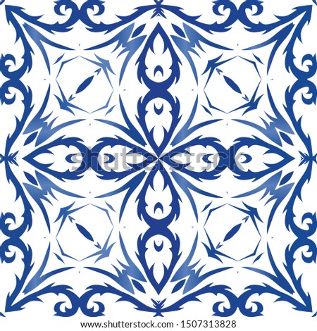 Antique portuguese azulejo ceramic. Stylish design. Vector seamless pattern elements. Blue floral and abstract decor for scrapbooking, smartphone cases, T-shirts, bags or linens.