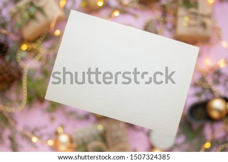 pink christmas with golden decoration. new year card mockup